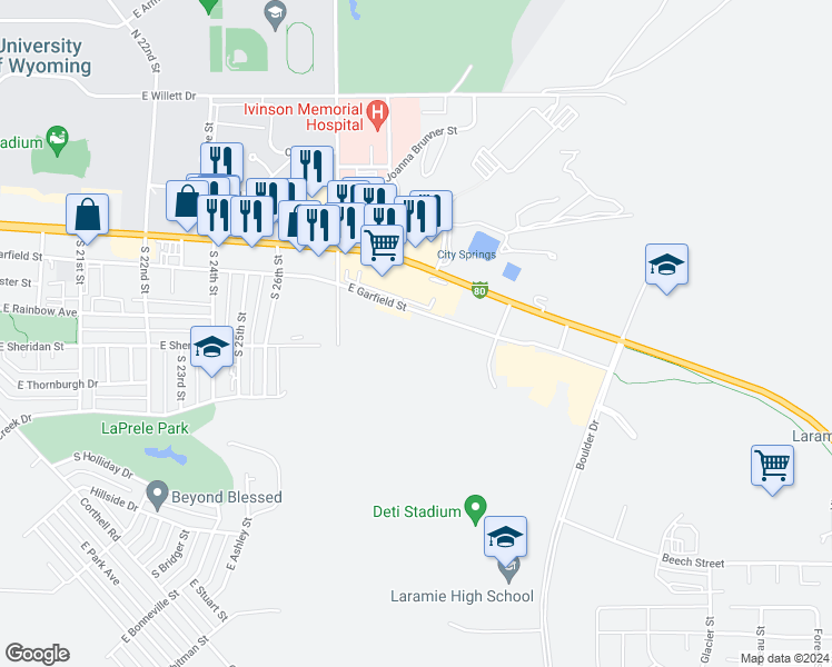 map of restaurants, bars, coffee shops, grocery stores, and more near 605 South 30th Street in Laramie