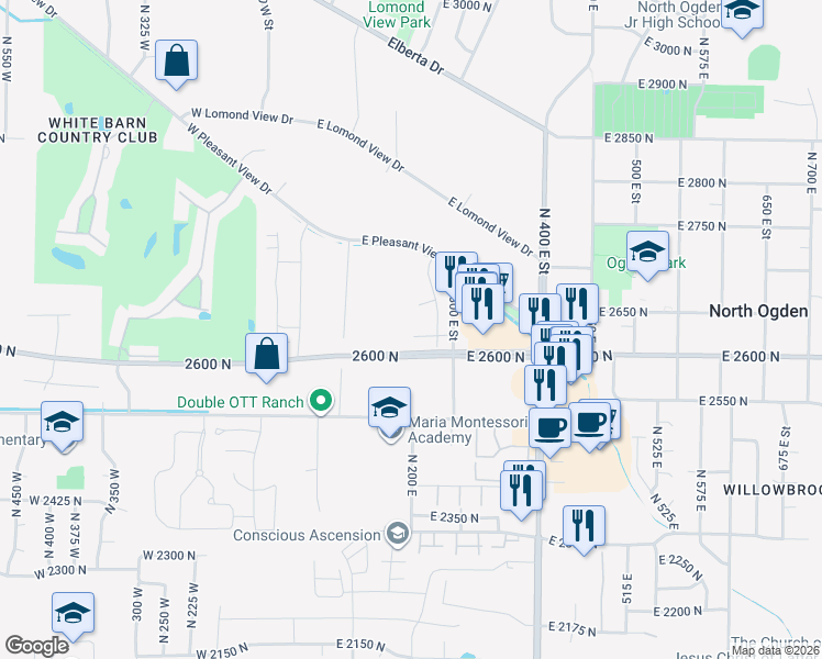 map of restaurants, bars, coffee shops, grocery stores, and more near 231 East 2650 North in Ogden