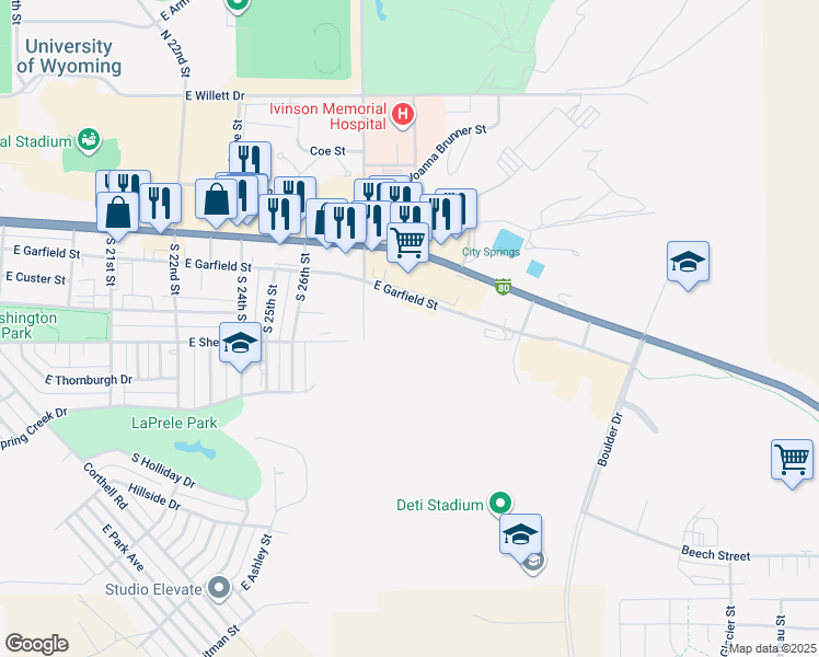 map of restaurants, bars, coffee shops, grocery stores, and more near 605 South 30th Street in Laramie