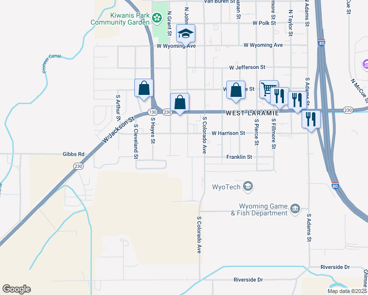 map of restaurants, bars, coffee shops, grocery stores, and more near 507 South Grant Street in Laramie