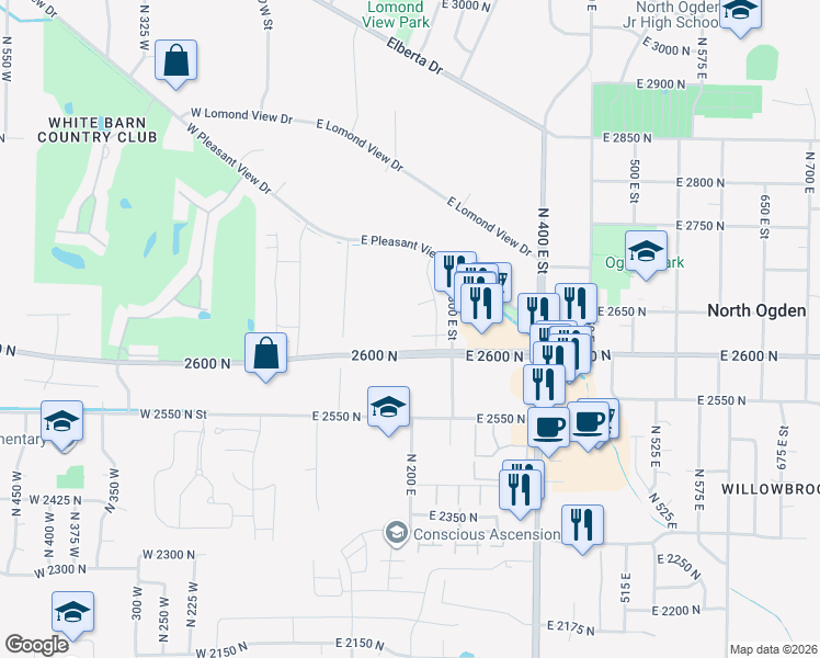 map of restaurants, bars, coffee shops, grocery stores, and more near 231 East 2650 North in Ogden