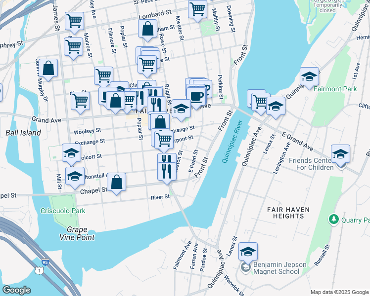 map of restaurants, bars, coffee shops, grocery stores, and more near 40 Pierpont Street in New Haven