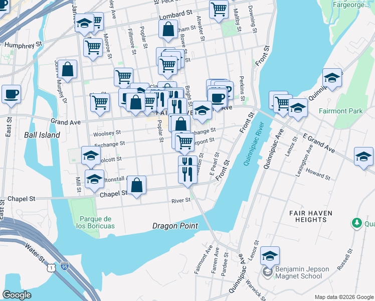 map of restaurants, bars, coffee shops, grocery stores, and more near 72 Pierpont Street in New Haven
