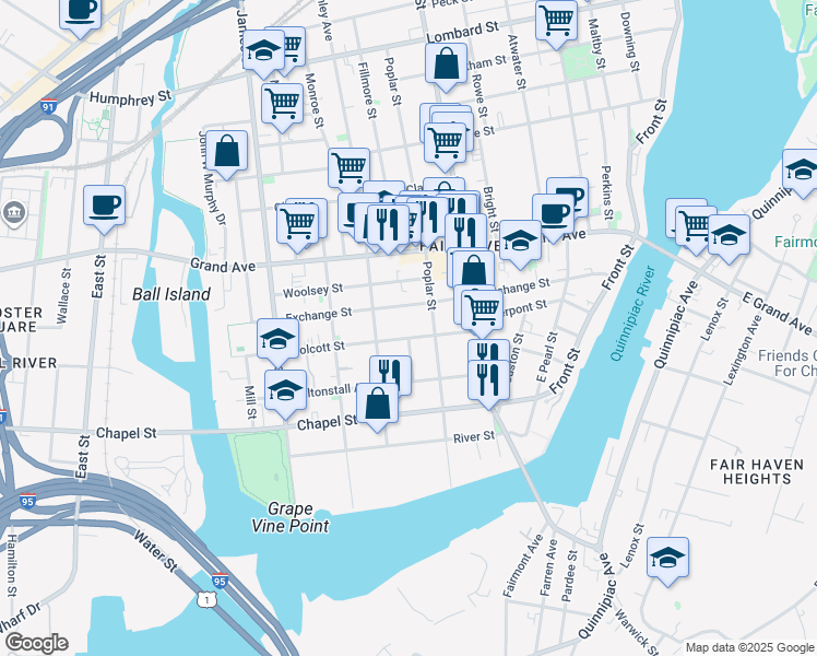 map of restaurants, bars, coffee shops, grocery stores, and more near 188 Poplar Street in New Haven