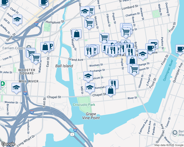 map of restaurants, bars, coffee shops, grocery stores, and more near 313 Exchange Street in New Haven