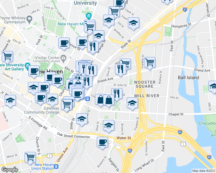 map of restaurants, bars, coffee shops, grocery stores, and more near 146 Olive Street in New Haven
