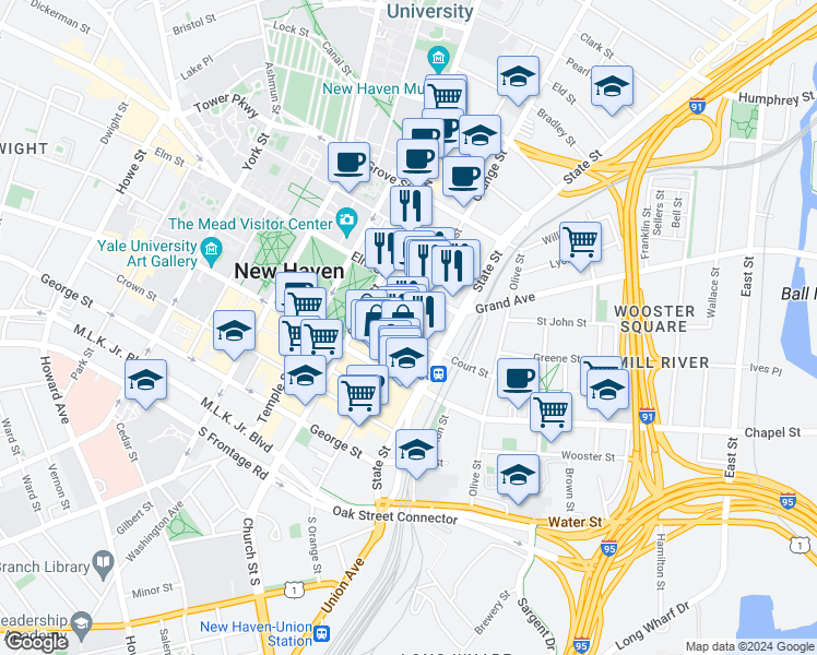map of restaurants, bars, coffee shops, grocery stores, and more near 32 Elm Street in New Haven