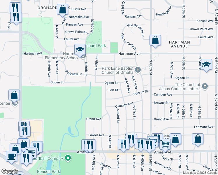 map of restaurants, bars, coffee shops, grocery stores, and more near 6321 Ogden Street in Omaha