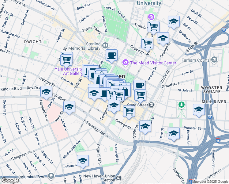 map of restaurants, bars, coffee shops, grocery stores, and more near 230 Temple Street in New Haven