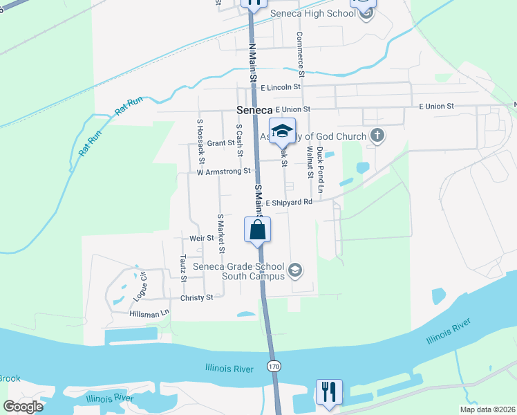 map of restaurants, bars, coffee shops, grocery stores, and more near 256 South Main Street in Seneca