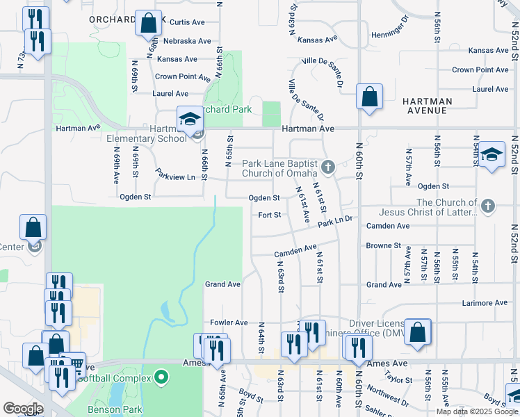 map of restaurants, bars, coffee shops, grocery stores, and more near 6321 Ogden Street in Omaha