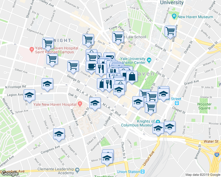 map of restaurants, bars, coffee shops, grocery stores, and more near 15 High St in New Haven