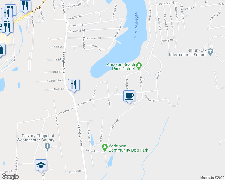 map of restaurants, bars, coffee shops, grocery stores, and more near 1690 Amazon Road in Mohegan Lake