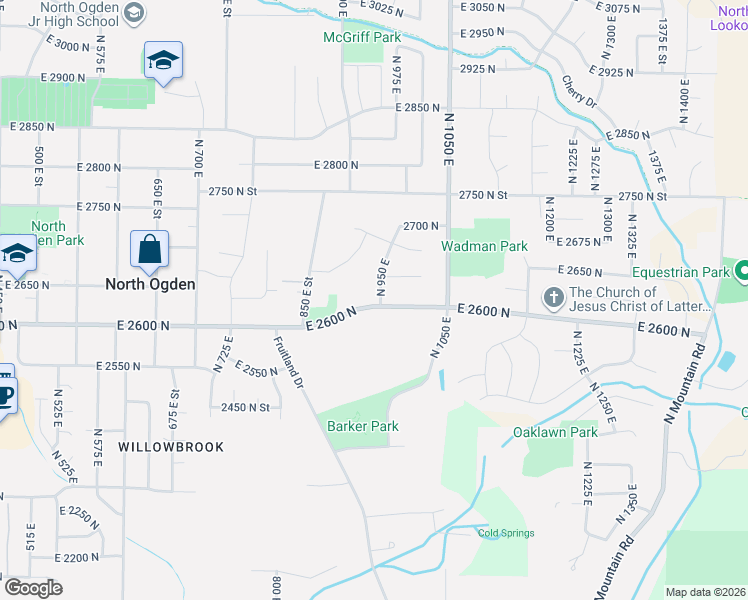map of restaurants, bars, coffee shops, grocery stores, and more near 2607 North 950 East in North Ogden
