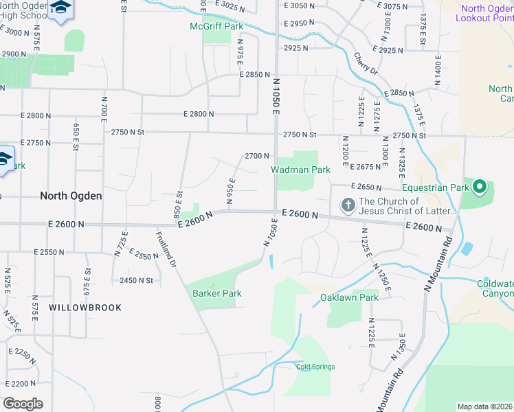 map of restaurants, bars, coffee shops, grocery stores, and more near 1016 East 2600 North in Ogden
