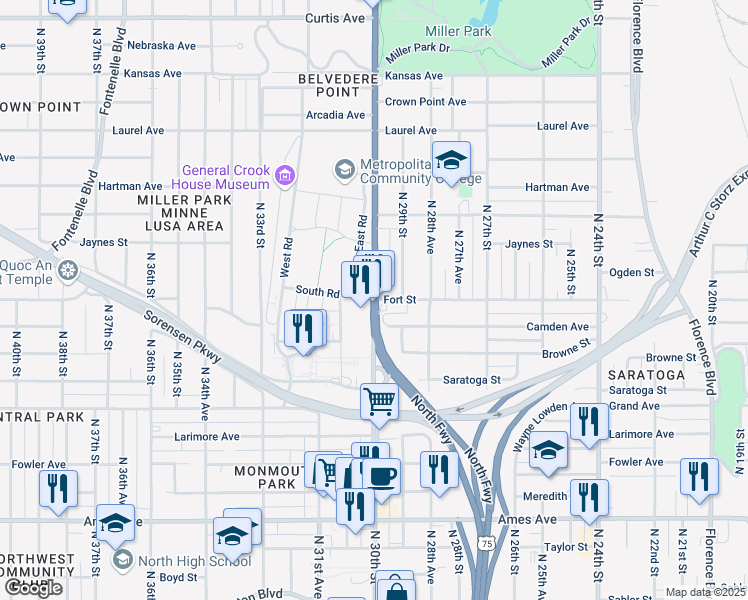 map of restaurants, bars, coffee shops, grocery stores, and more near Fort St & N 30th St in Omaha