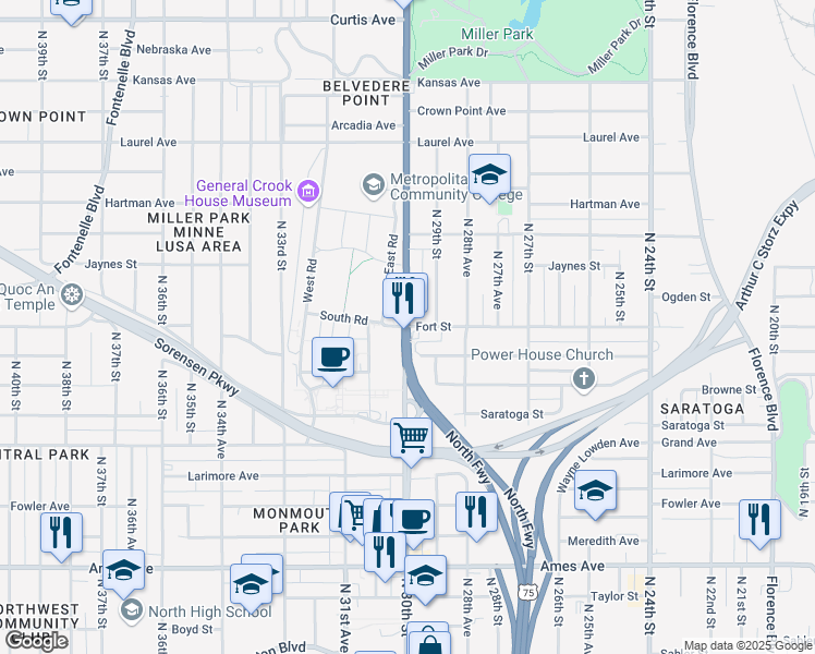 map of restaurants, bars, coffee shops, grocery stores, and more near Fort St & N 30th St in Omaha