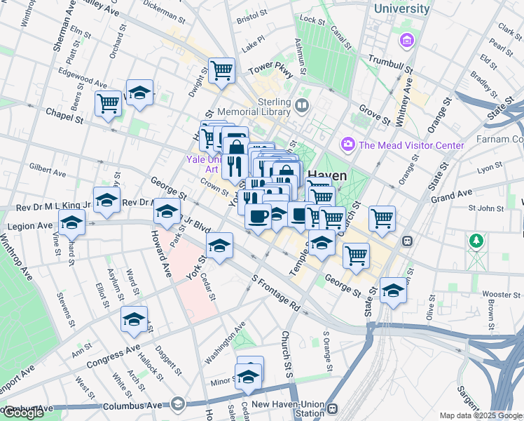 map of restaurants, bars, coffee shops, grocery stores, and more near in New Haven