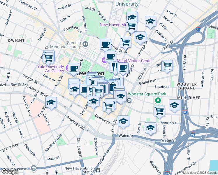 map of restaurants, bars, coffee shops, grocery stores, and more near 141 Church Street in New Haven