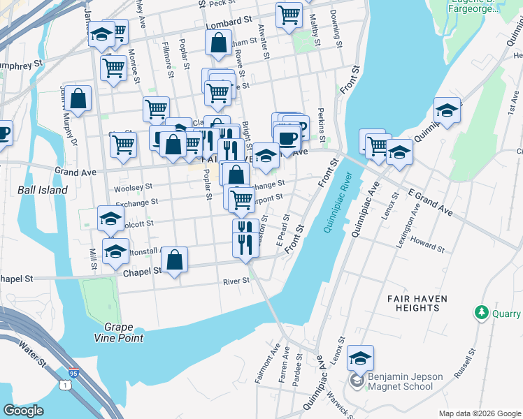 map of restaurants, bars, coffee shops, grocery stores, and more near 72 Pierpont Street in New Haven