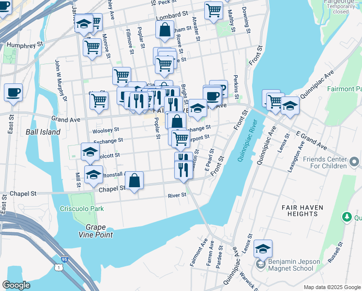 map of restaurants, bars, coffee shops, grocery stores, and more near 260 Ferry Street in New Haven