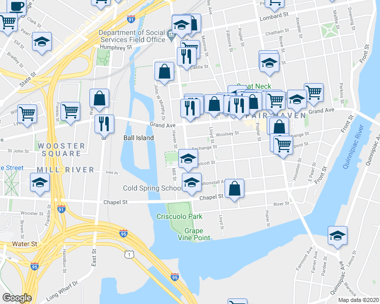 map of restaurants, bars, coffee shops, grocery stores, and more near 170 James Street in New Haven