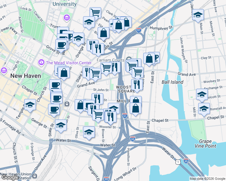 map of restaurants, bars, coffee shops, grocery stores, and more near 187 Saint John Street in New Haven