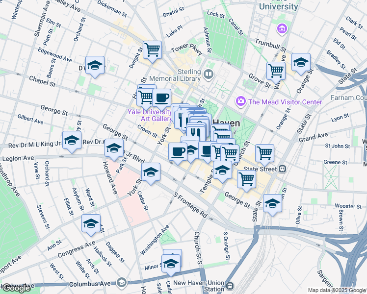 map of restaurants, bars, coffee shops, grocery stores, and more near 1044 Chapel Street in New Haven