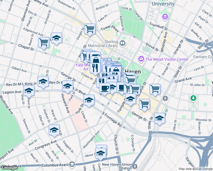 map of restaurants, bars, coffee shops, grocery stores, and more near in New Haven