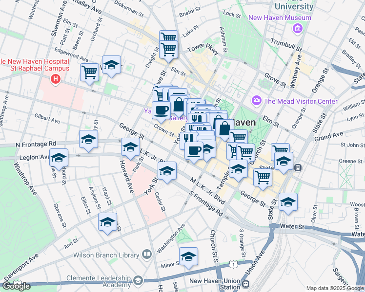 map of restaurants, bars, coffee shops, grocery stores, and more near in New Haven