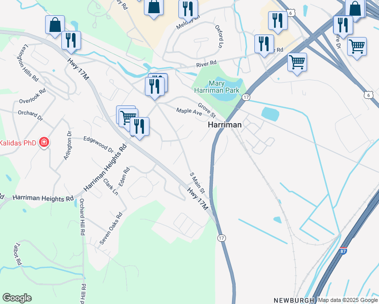 map of restaurants, bars, coffee shops, grocery stores, and more near 33 South Main Street in Harriman