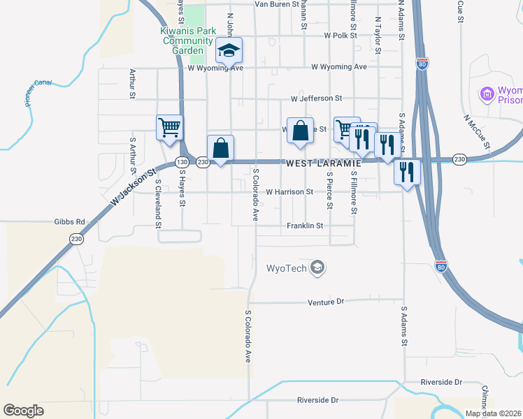 map of restaurants, bars, coffee shops, grocery stores, and more near 519 South Colorado Avenue in Laramie