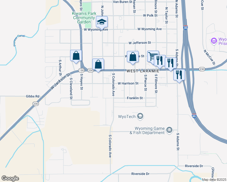 map of restaurants, bars, coffee shops, grocery stores, and more near 2072 West Harrison Street in Laramie