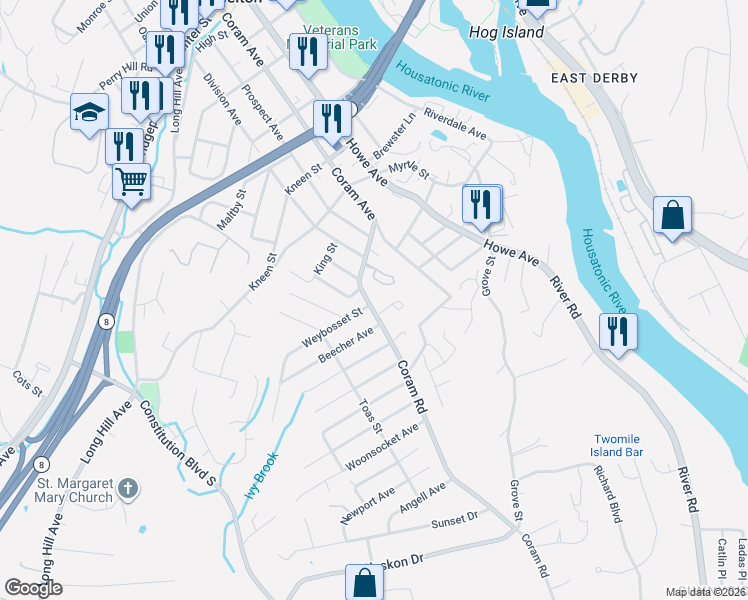map of restaurants, bars, coffee shops, grocery stores, and more near 27 Coram Road in Shelton