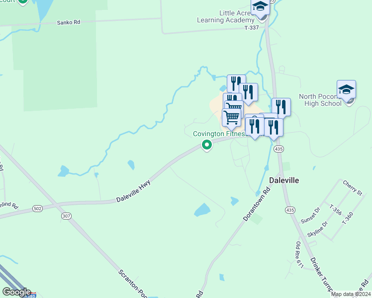 map of restaurants, bars, coffee shops, grocery stores, and more near 405 Daleville Highway in Lackawanna County