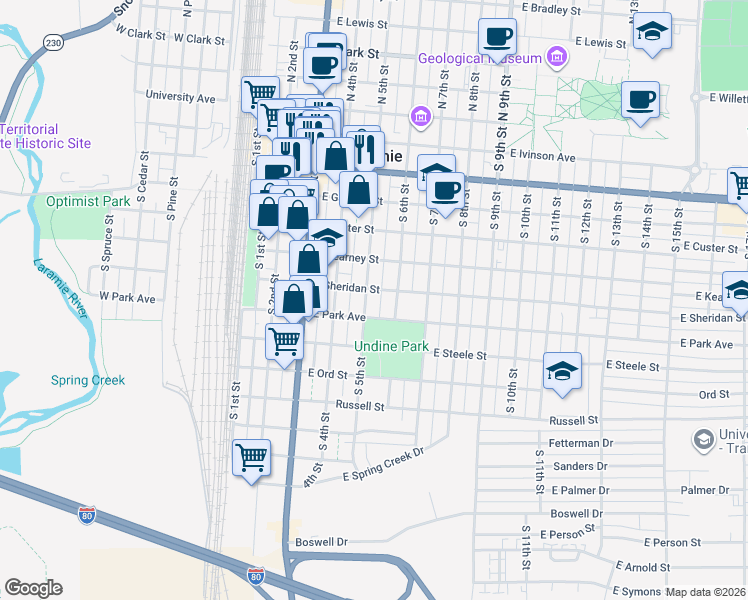 map of restaurants, bars, coffee shops, grocery stores, and more near 709 South 5th Street in Laramie