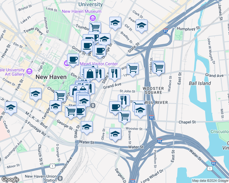 map of restaurants, bars, coffee shops, grocery stores, and more near 336 Saint John Street in New Haven