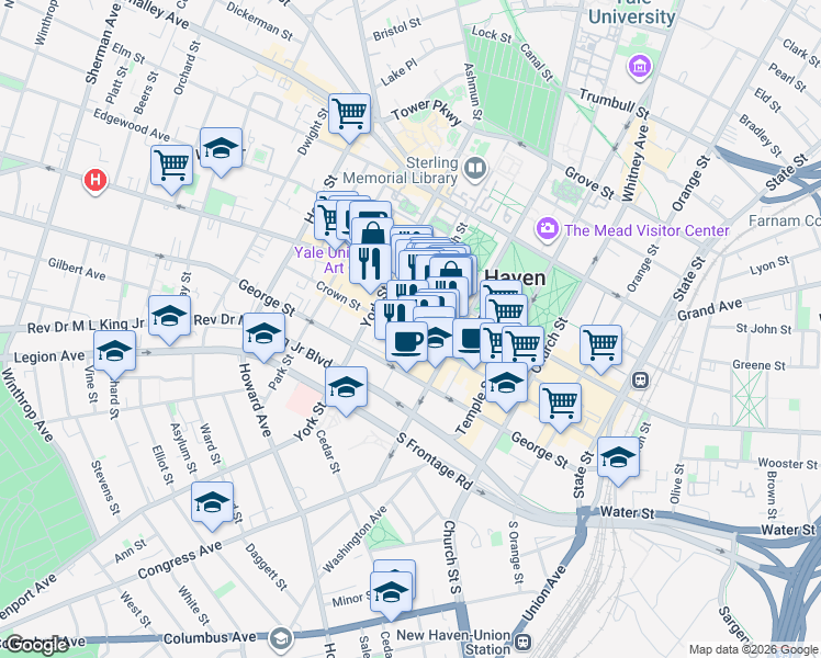 map of restaurants, bars, coffee shops, grocery stores, and more near in New Haven