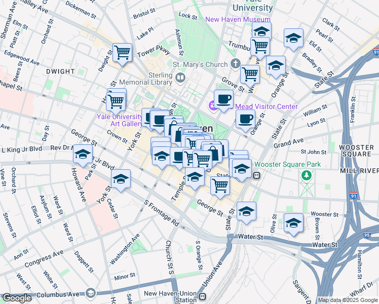 map of restaurants, bars, coffee shops, grocery stores, and more near 20 York Street in New Haven