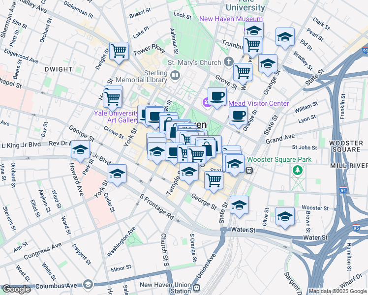 map of restaurants, bars, coffee shops, grocery stores, and more near 954 Chapel Street in New Haven