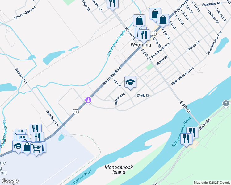 map of restaurants, bars, coffee shops, grocery stores, and more near 550 Monument Ave in Wyoming