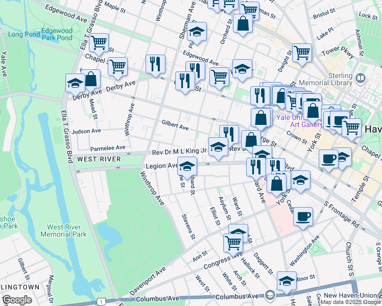 map of restaurants, bars, coffee shops, grocery stores, and more near Orchard Street in New Haven