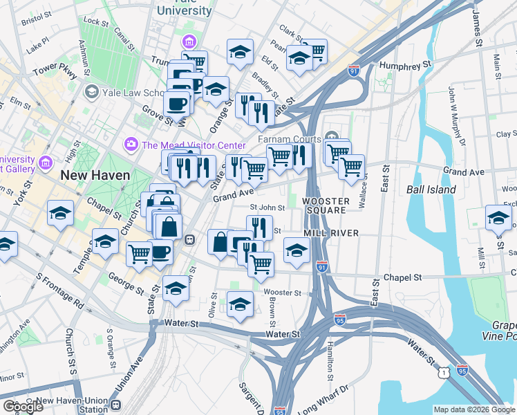 map of restaurants, bars, coffee shops, grocery stores, and more near Saint John Street & Hughes Place in New Haven
