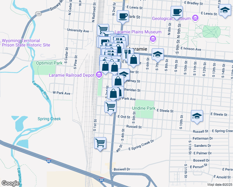 map of restaurants, bars, coffee shops, grocery stores, and more near 750 South 3rd Street in Laramie