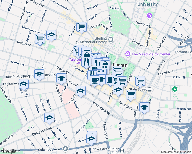 map of restaurants, bars, coffee shops, grocery stores, and more near 281 Crown Street in New Haven