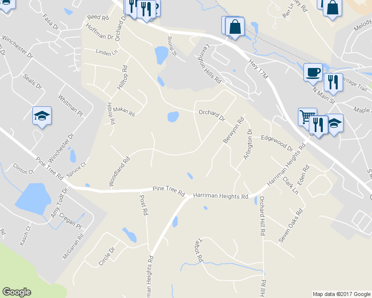map of restaurants, bars, coffee shops, grocery stores, and more near 70 Woodland Road in Monroe