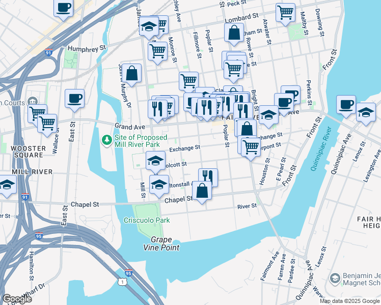 map of restaurants, bars, coffee shops, grocery stores, and more near 274 Exchange Street in New Haven
