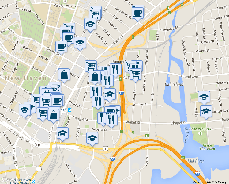 map of restaurants, bars, coffee shops, grocery stores, and more near 187 Saint John Street in New Haven