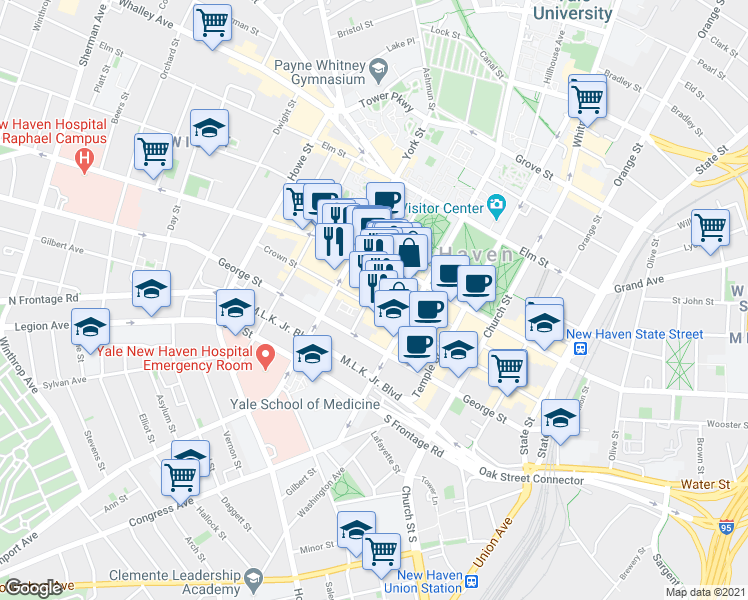 map of restaurants, bars, coffee shops, grocery stores, and more near in New Haven