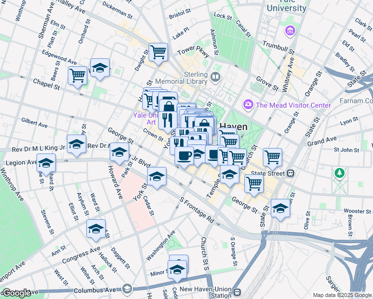 map of restaurants, bars, coffee shops, grocery stores, and more near in New Haven